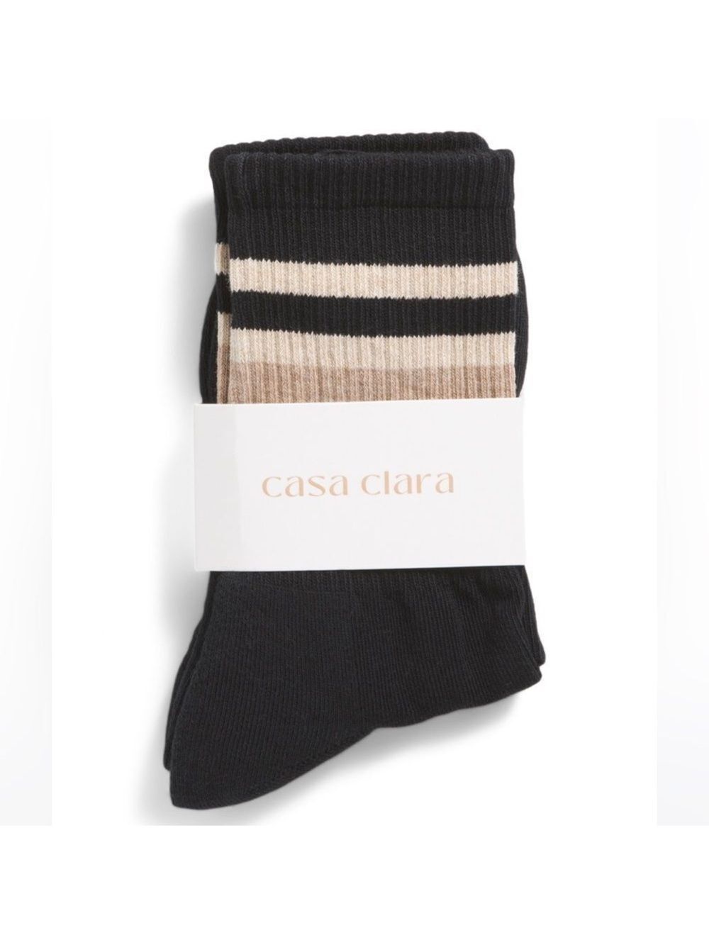 casa clara Lillian Black Taupe Ribbed Varsity Stripe Cotton Blend Crew Socks